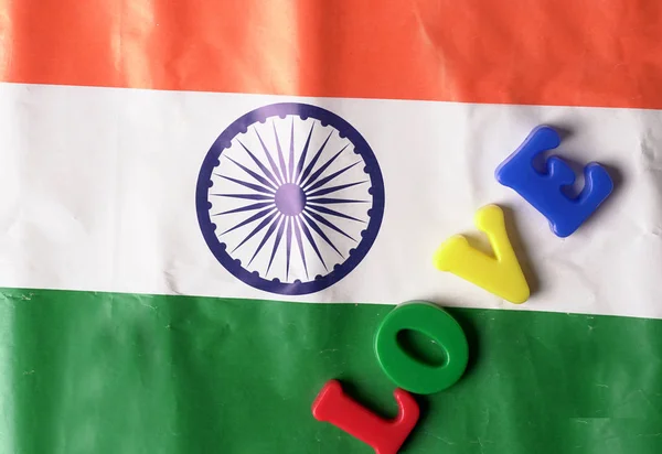 Tricolor Flagga India Med Kärlek Text Begreppet Republik Dag Och — Stockfoto