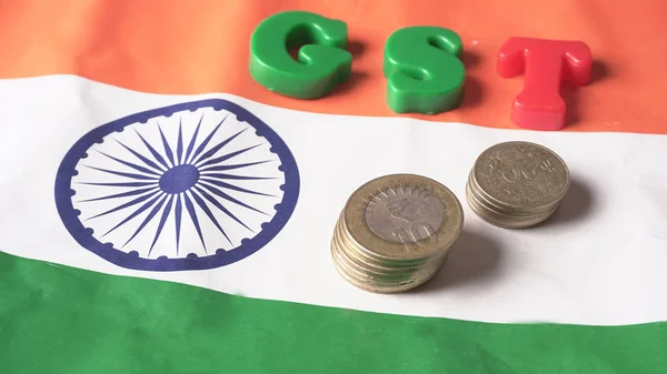 Concepto Gst Alfabeto Gst Monedas Indias Sobre Fondo Bandera India — Foto de Stock