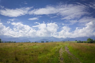 Polonya. Polonya Tatry dağları. Bulutlu dağların manzarası. Toprak bir yol, çayırlar..