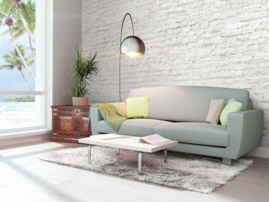 Modern parlak iç. 3D render