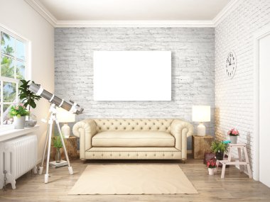 Modern parlak iç. 3D render