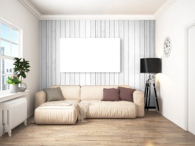 Modern parlak iç. 3D render