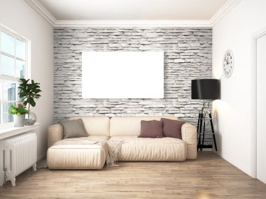 Modern parlak iç. 3D render