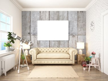 Modern parlak iç. 3D render