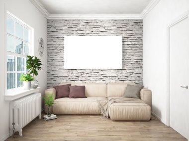 Modern parlak iç. 3D render