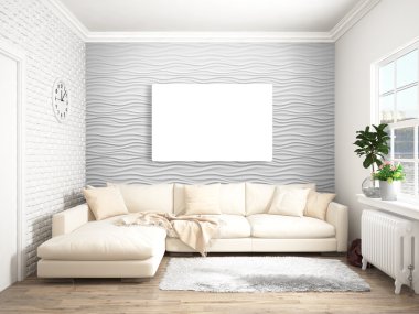 Modern parlak iç. 3D render