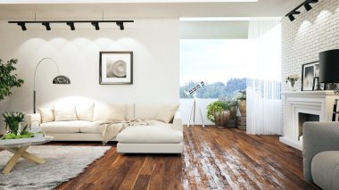 Modern parlak iç. 3D render