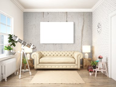 Modern parlak iç. 3D render