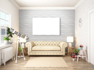 Modern parlak iç. 3D render