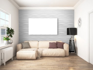 Modern parlak iç. 3D render