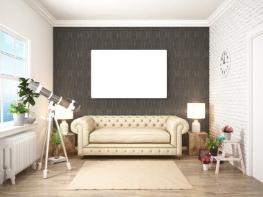 Modern parlak iç. 3D render