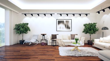 Modern parlak iç. 3D render