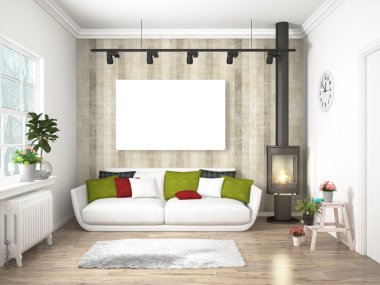 Modern parlak iç. 3D render