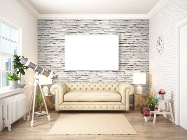 Modern parlak iç. 3D render