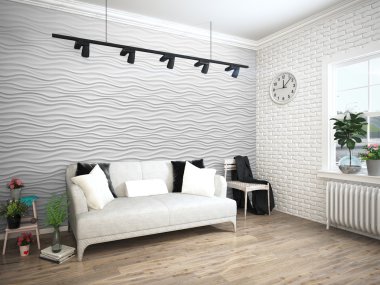 Modern parlak iç. 3D render