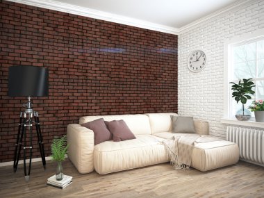 Modern parlak iç. 3D render