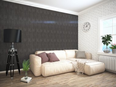 Modern parlak iç. 3D render