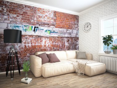 Modern parlak iç. 3D render