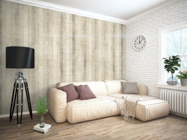 Modern parlak iç. 3D render