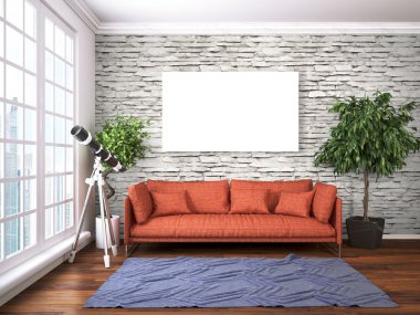 Modern parlak iç. 3D render