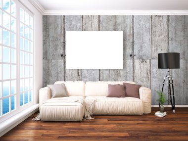 Modern parlak iç. 3D render