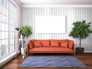 Modern parlak iç. 3D render