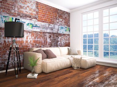 Modern parlak iç. 3D render