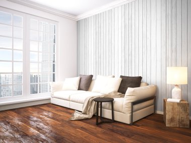 Modern parlak iç. 3D render