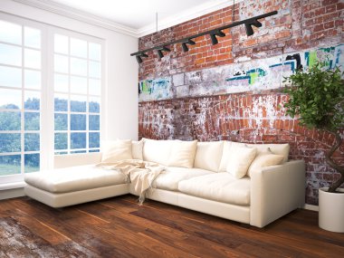 Modern parlak iç. 3D render