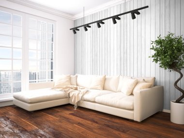 Modern parlak iç. 3D render