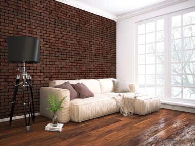 Modern parlak iç. 3D render