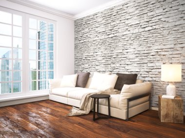 Modern parlak iç. 3D render