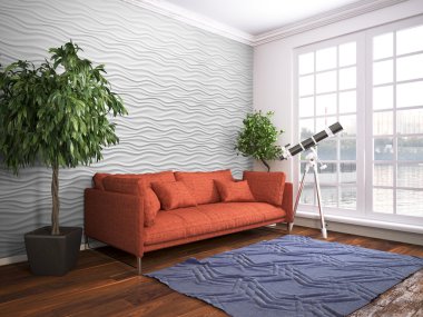 Modern parlak iç. 3D render