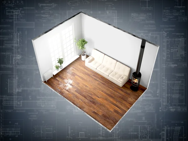 Interior without walls. 3D rendering — Stock Photo, Image