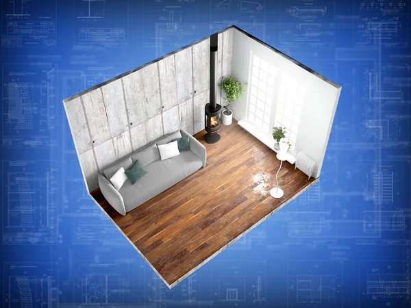 Interior tanpa dinding. Perender 3D — Stok Foto