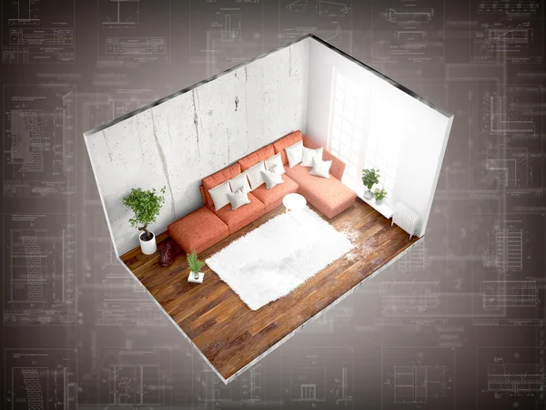 Interior without walls. 3D rendering — Stock Photo, Image