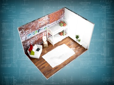 İç duvarları olmadan. 3D render