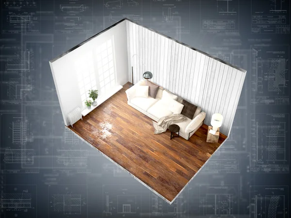 Interior without walls. 3D rendering — Stock Photo, Image