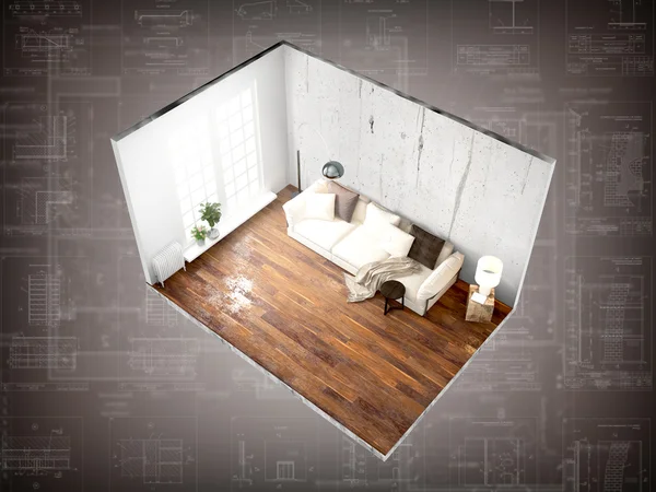Interieur zonder muren. 3D-rendering — Stockfoto