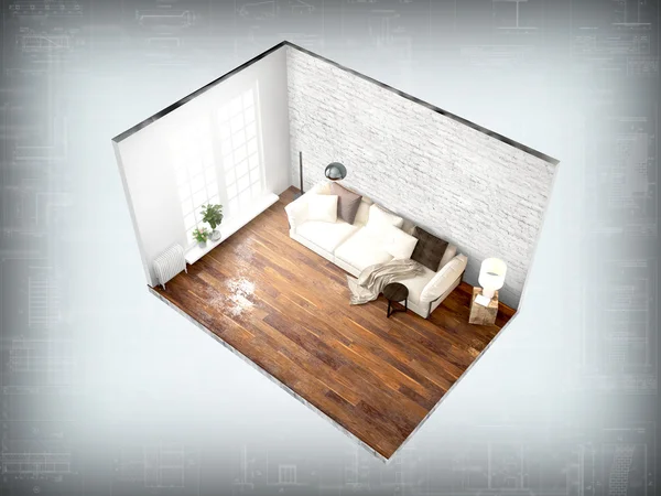 Interior sin paredes. Renderizado 3D — Foto de Stock