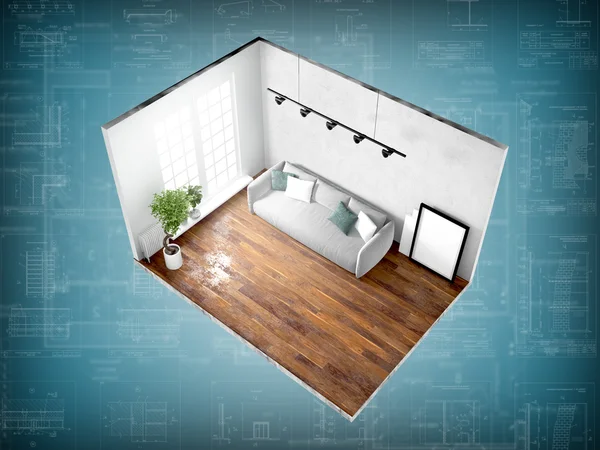 Interior without walls. 3D rendering — Stock Photo, Image