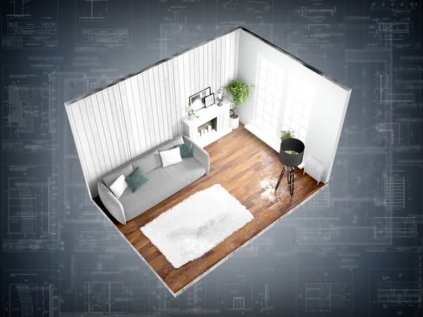 Interiör utan väggar. 3D-rendering — Stockfoto