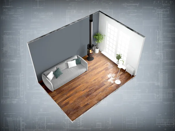 Interior without walls. 3D rendering — Stock Photo, Image