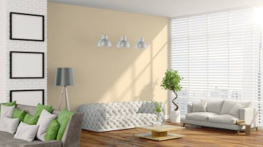 Modern parlak iç. 3D render