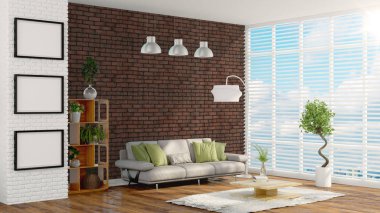 Modern parlak iç. 3D render