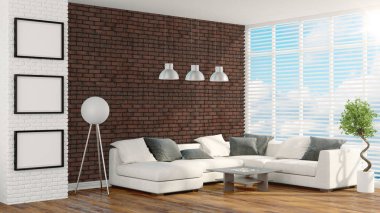 Modern parlak iç. 3D render