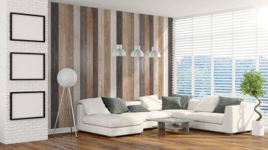 Modern parlak iç. 3D render