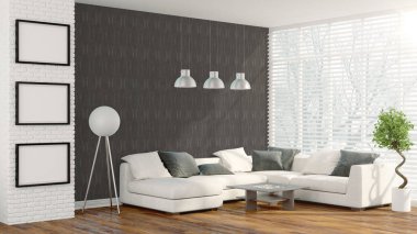 Modern parlak iç. 3D render