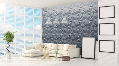 Modern parlak iç. 3D render