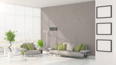 Modern parlak iç. 3D render